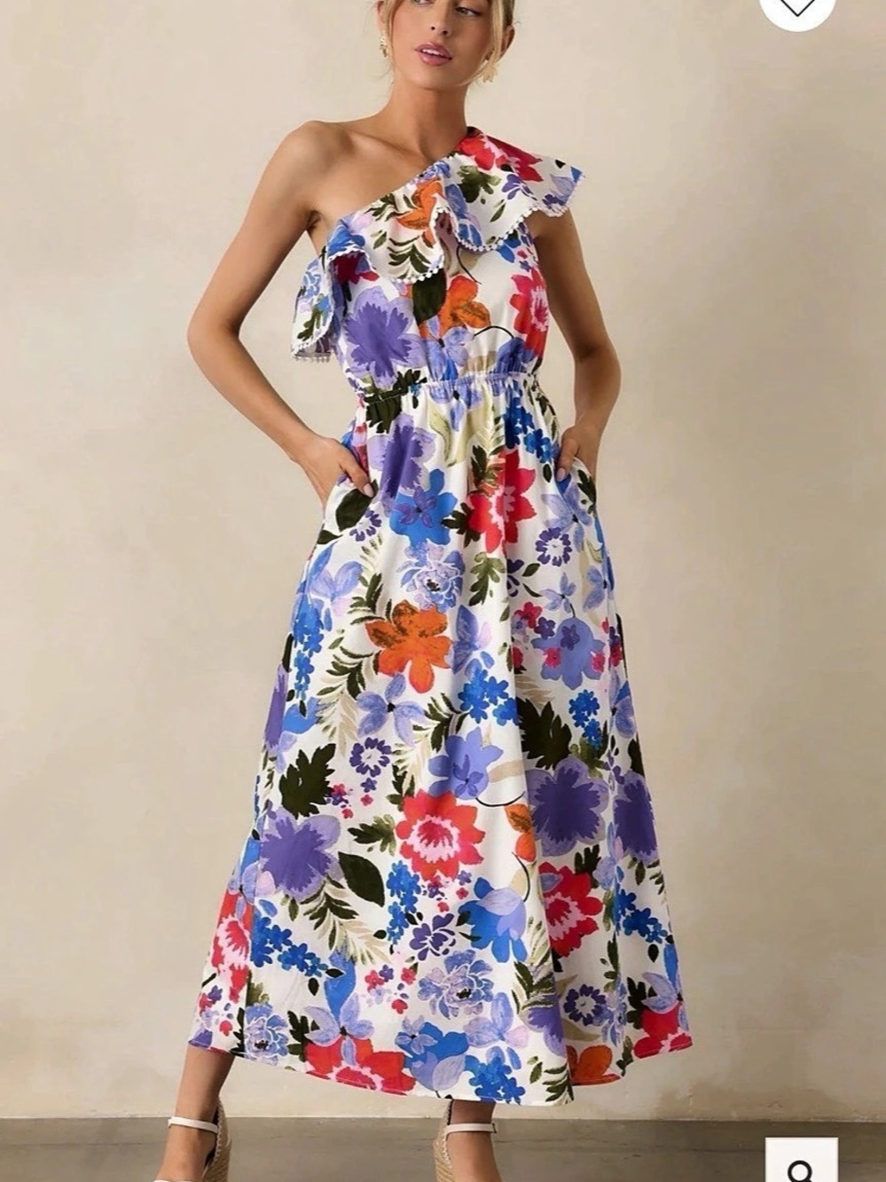 SugarLips Floral One-Shoulder Midi Dress in White & Blue Like New